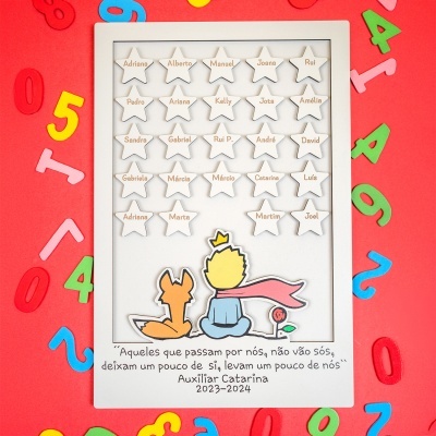 Quadro branco com estrelas e nomes, ilustração do Pequeno Príncipe, texto em português, fundo vermelho com números coloridos