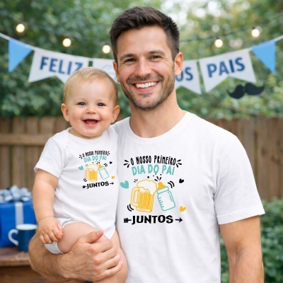 Homem e bebé sorridentes com camisolas brancas estampadas em festa ao ar livre.