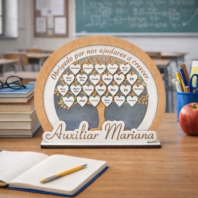 Placa decorativa de madeira com árvore e corações com nomes, texto Obrigado por nos ajudares a crescer e Auxiliar Mariana em sala de aula