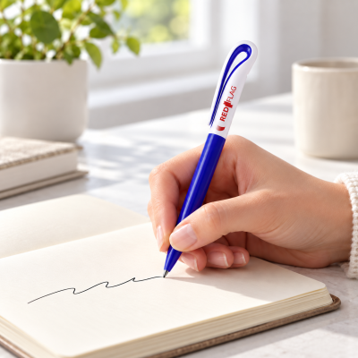 Caneta esferográfica azul e branca com texto RED FLAG a escrever num caderno aberto numa mesa com planta e caneca ao fundo
