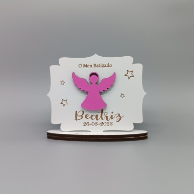 Quadro decorativo de batizado com anjo rosa e texto personalizado