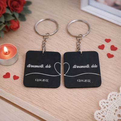 Par de porta-chaves quadrados pretos com texto branco e chaveiro de metal, decorados para casal.