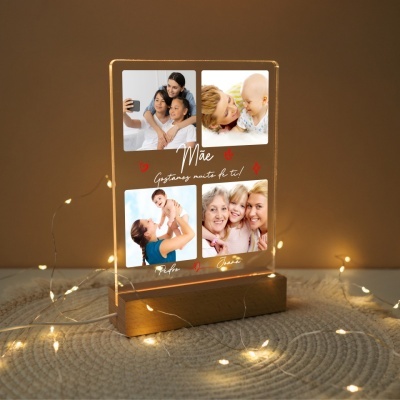 Placa acrílica iluminada com fotos familiares e texto em português para presente de mãe