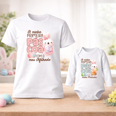 Camisola e body brancos com estampados de Páscoa e texto em português.