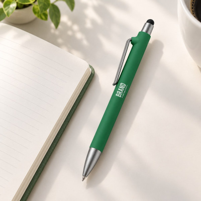 Caneta verde com texto branco sobre mesa ao lado de caderno e caneca