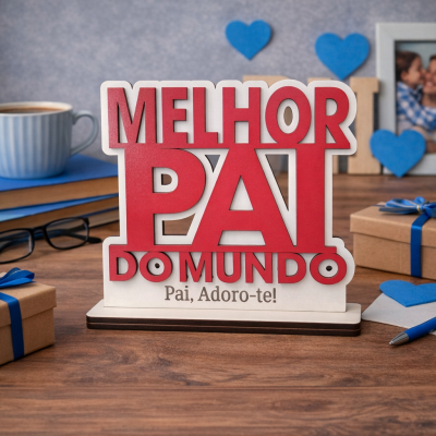 Placa decorativa com texto Melhor Pai do Mundo Pai, Adoro-te! em madeira, rodeada de presentes e objetos na mesa.