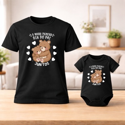 Conjunto de roupa preto com desenho de ursos e texto em branco para o Dia do Pai