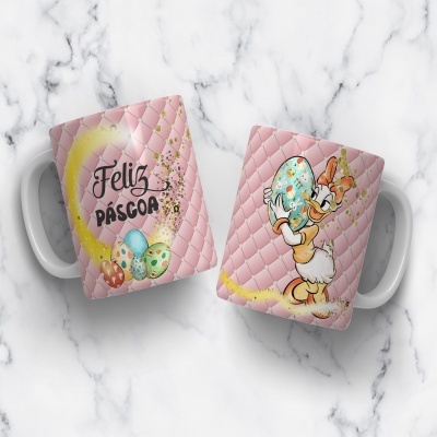 Canecas rosas decoradas com ovos de Páscoa e a frase Feliz Páscoa