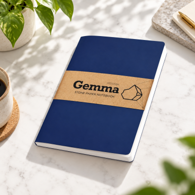 Caderno azul Gemma com etiqueta de papel e mesa com acessórios