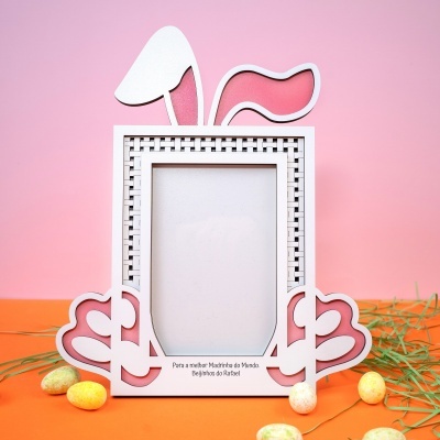 Moldura de fotografia com design de orelhas de coelho em branco e rosa