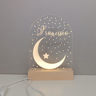 Luminária de mesa com design de lua e estrela iluminados e nome Francisco