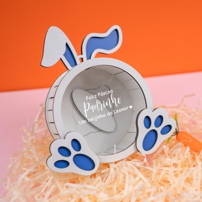 Caixa decorativa para Páscoa em forma de coelho com texto para padrinho