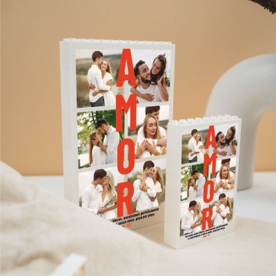 Painéis de blocos de construção com fotos de casal e texto AMOR