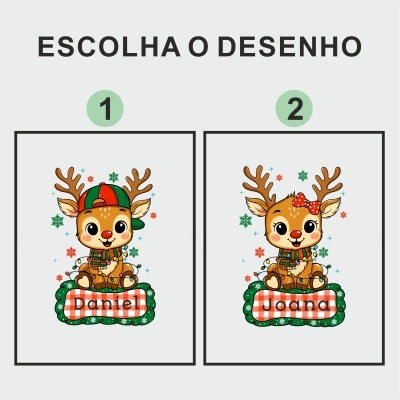Duas renas animadas com cachecol e luzes de Natal, opção 1 com boné e nome Daniel, opção 2 com laço e nome Joana