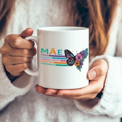 Caneca branca com texto colorido e borboleta, segurada por uma pessoa
