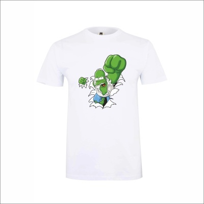 T-shirt branca com personagem verde em estilo cartoon a sair de um rasgão