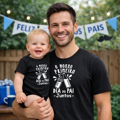 Homem e bebé com camisolas pretas com texto e ilustrações, decoração exterior festa Dia dos Pais.