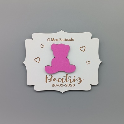 Convite Batizado com ursinho rosa e texto dourado