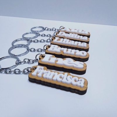 Chaveiros de madeira com nomes em relevo branco sobre fundo branco e cinza