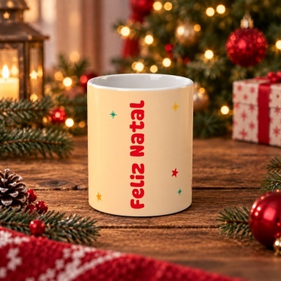 Caneca branca com texto vermelho Feliz Natal e estrelas coloridas, decoração de Natal ao fundo.