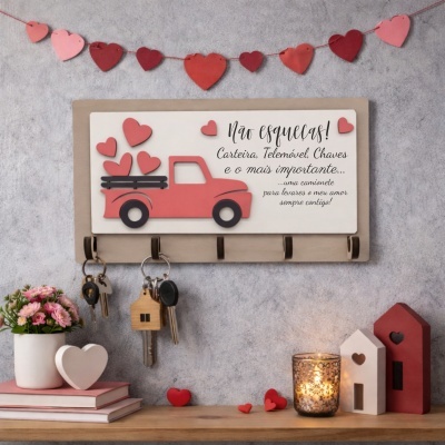 Suporte de parede para chaves com placa decorativa de camião vermelho e corações, guirlanda de corações, sobre uma parede cinzenta texturada