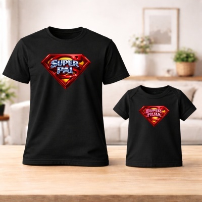Conjunto de t-shirts pretas com estampados SUPER PAI e SUPER FILHA em escudo vermelho e amarelo.