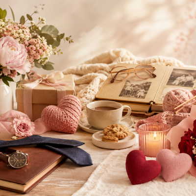 Mesa com acessórios vintage, flores, vela, chá e itens decorativos cor-de-rosa e vermelhos.