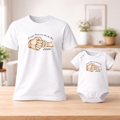 Camiseta branca adulto e body branco bebé com estampa de mãos e texto sobre o Dia do Pai