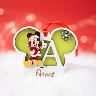 Etiqueta decorativa do Mickey Mouse vestido de Pai Natal com o nome André