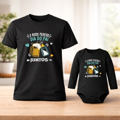T-shirt e body pretos com desenho colorido e texto em português sobre o Dia do Pai.