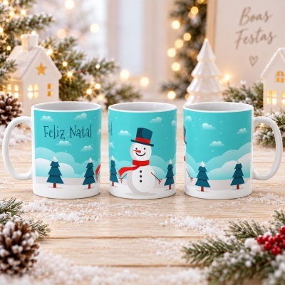Conjunto de três canecas natalícias com design de boneco de neve e árvores sob um céu azul