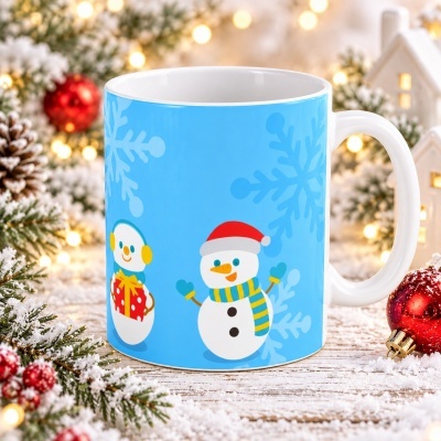 Caneca azul com bonecos de neve e flocos de neve em ambiente natalício