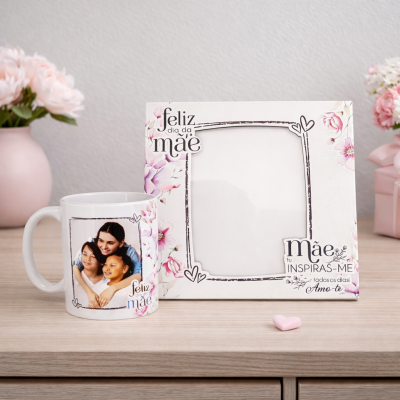 Conjunto de caneca e moldura decorados com flores e frases para o Dia da Mãe