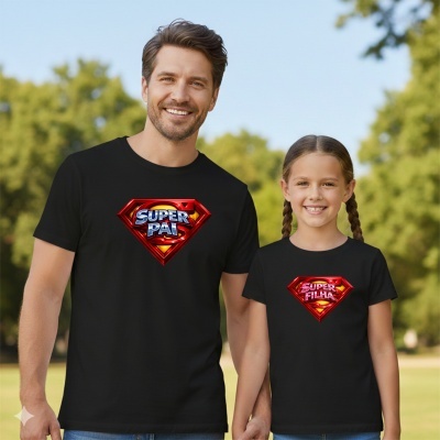 Homem e criança com t-shirts pretas com logotipos Super Pai e Super Filha