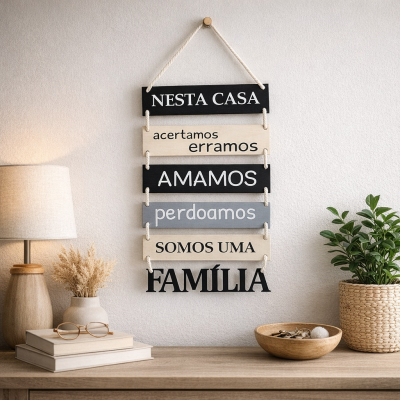 Placa decorativa de madeira com texto pendurada numa parede branca junto a uma lâmpada, livros, vaso com planta e tigela de madeira.
