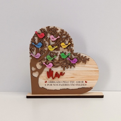 Placa decorativa de madeira em forma de coração com árvore e passarinhos coloridos com nomes e texto de agradecimento à mãe.