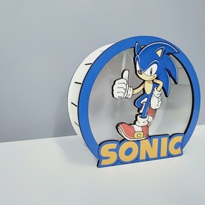 Relógio decorativo Sonic azul com texto SONIC amarelo