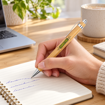 Caneta de madeira de bambu com inscrição BAMBOO TIME ao ser usada para escrever em caderno numa mesa
