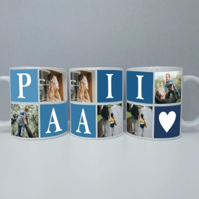 Três canecas brancas com design personalizado azul e fotos de pais e filhos.