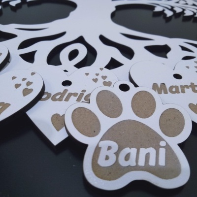 Tags para animais em madeira branca com nomes gravados e design de patas e corações