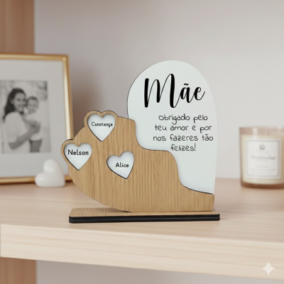 Objeto decorativo em madeira e acrílico com mensagem para mãe e nomes em corações, numa prateleira com moldura e vela ao fundo.