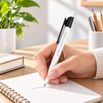 Caneta branca com clip preto a ser usada para escrever num caderno numa mesa de madeira
