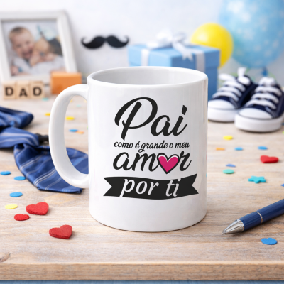 Caneca branca com texto carinhoso para pai numa mesa de madeira clara com acessórios azuis e decoração colorida
