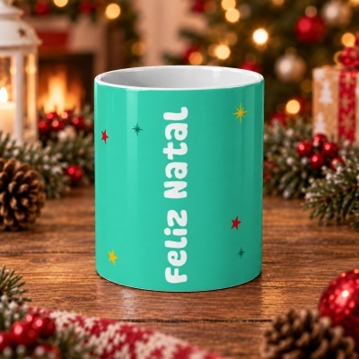 Caneca verde com texto de Natal e decoração festiva ao fundo