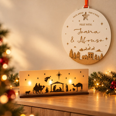 Luz decorativa de Natal com silhuetas da Natividade iluminada em fundo bege