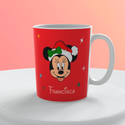 Caneca branca com desenho da personagem Minnie em fundo vermelho