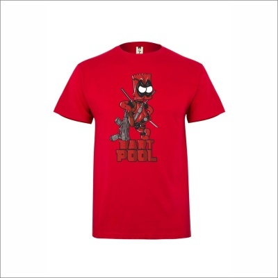 T-shirt vermelha com personagem Bart Simpson Deadpool e texto BART POOL