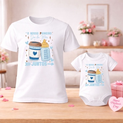 Conjunto de roupa branco para mãe e bebé com estampado azul e castanho com texto comemorativo do primeiro dia da mãe.