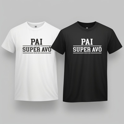 Dois t-shirts úteis, uma branca e outra preta, com texto destacado para pais e avós