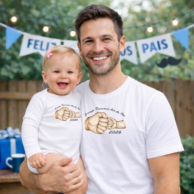 Pai e bebé com t-shirts brancas com desenho de mãos a dar um fist bump e texto comemorativo de dia do pai 2026